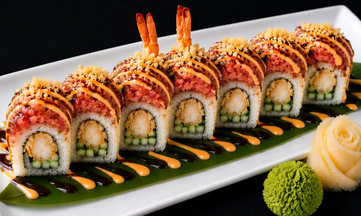 Out of Control Roll with shrimp, spicy tuna and crunchy topping