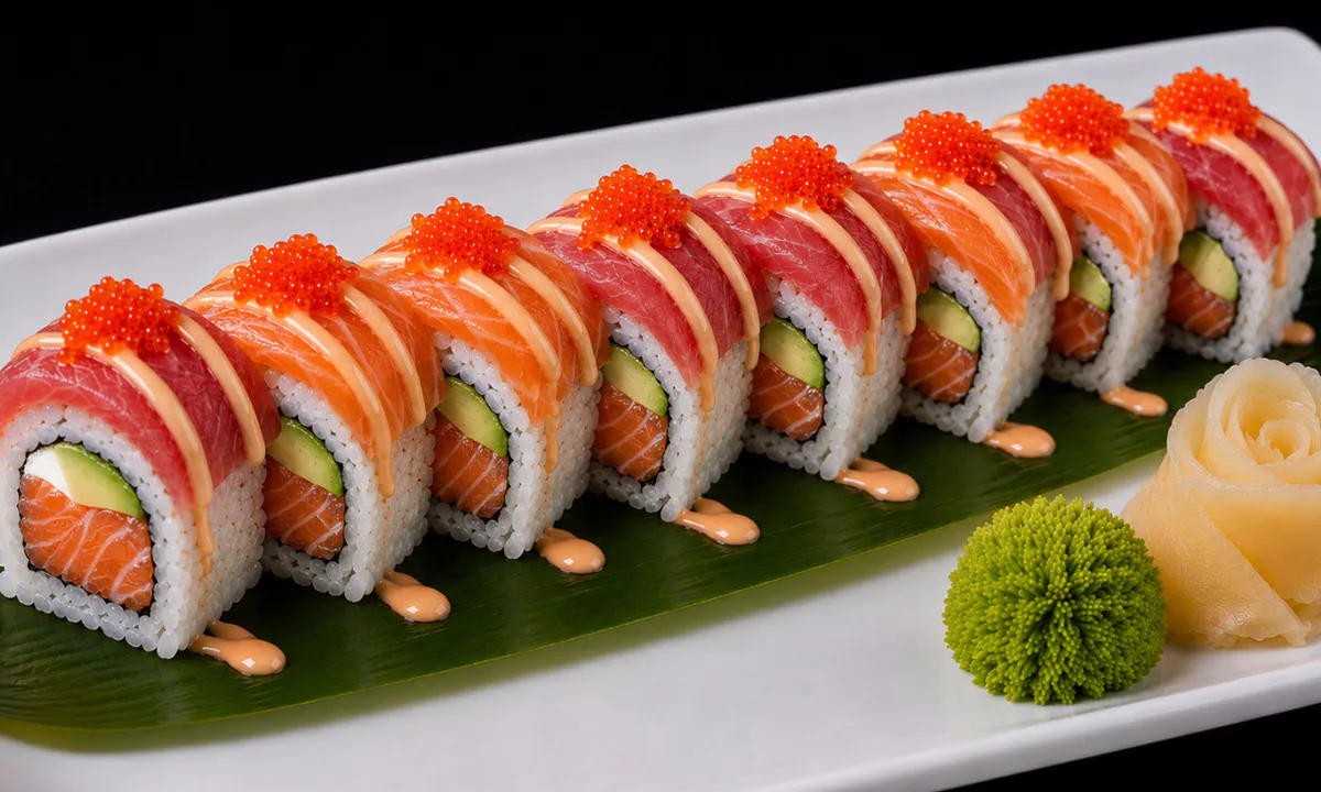 Paradise Roll with salmon, tuna, avocado and fish roe
