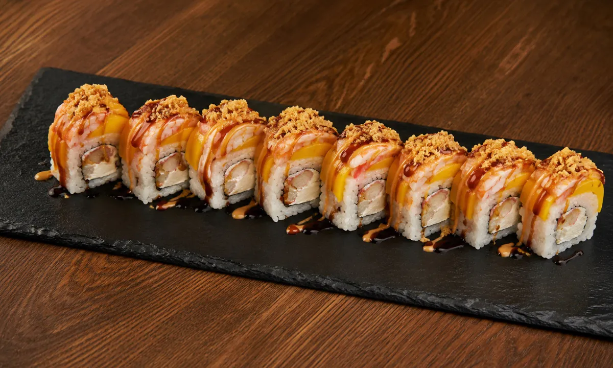 Sexy Boy Roll with mango, shrimp and crunchy topping