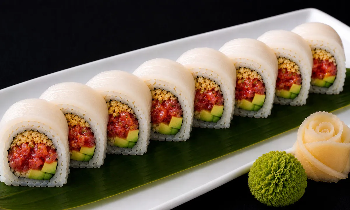 Snow White Roll with white fish, spicy tuna and avocado