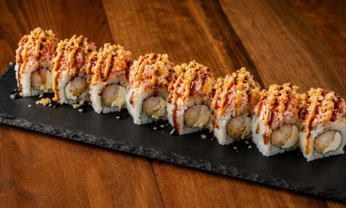 Under the Moon Roll with shrimp, spicy topping and crunchy flakes