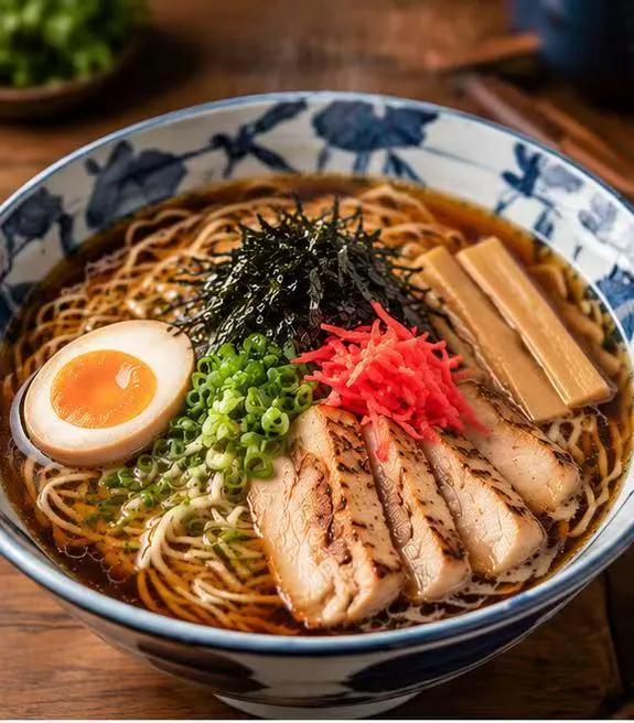 Savory soy broth ramen with grilled chicken, soft boiled egg and seaweed toppings