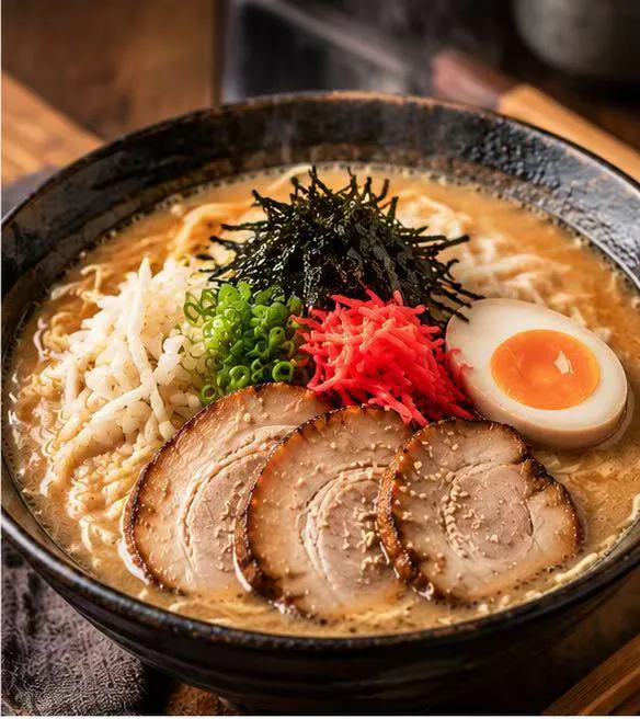 Rich miso ramen with chashu pork, soft boiled egg, sprouts and red ginger