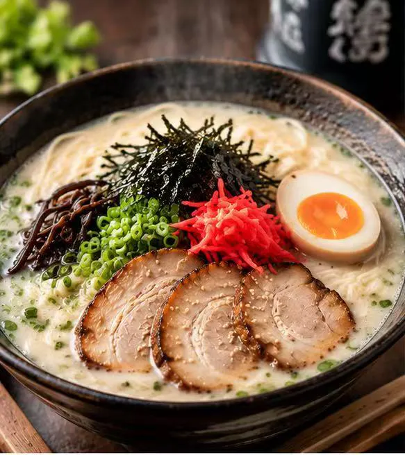 Creamy tonkotsu ramen with chashu pork, soft egg, green onion and seaweed
